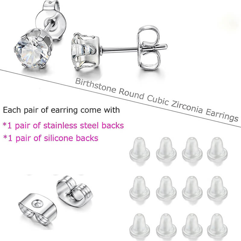 Birthstone Zirconia Stud Earrings in Stainless Steel