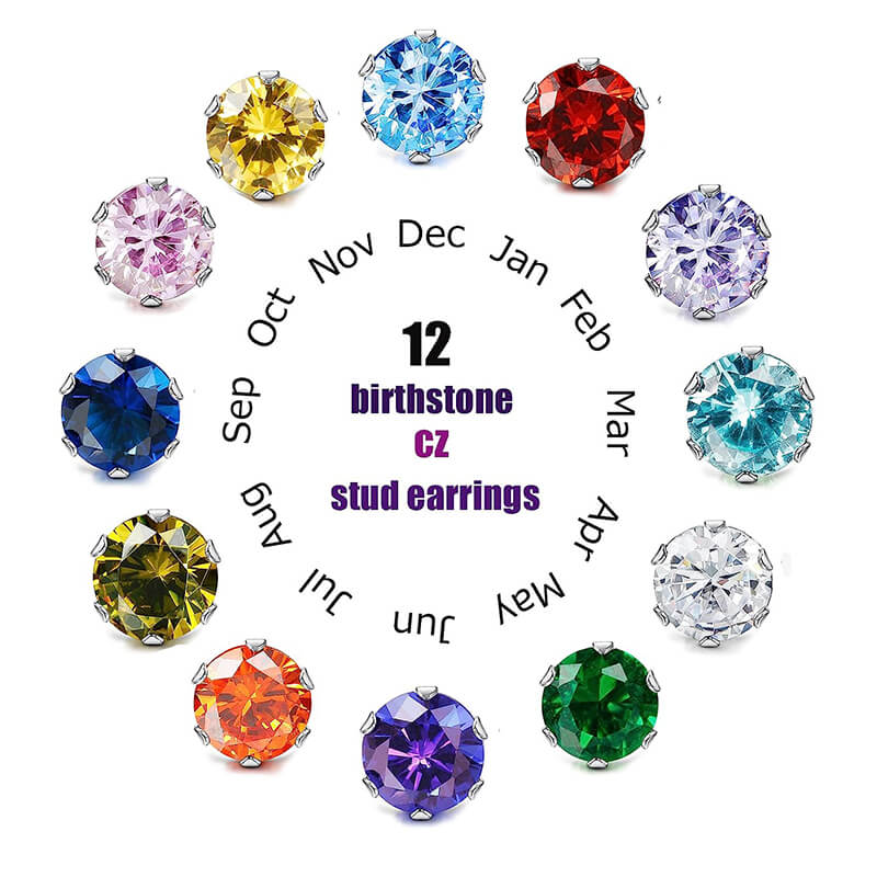 Birthstone Zirconia Stud Earrings in Stainless Steel