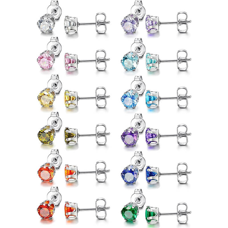 Birthstone Zirconia Stud Earrings in Stainless Steel