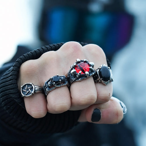 Black Agate Punk Gothic Ring in Stainless Steel
