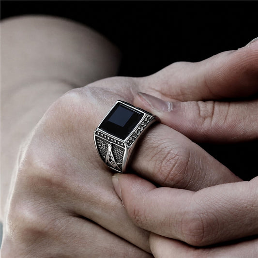 Black Gemstone Masonic Ring in Stainless Steel