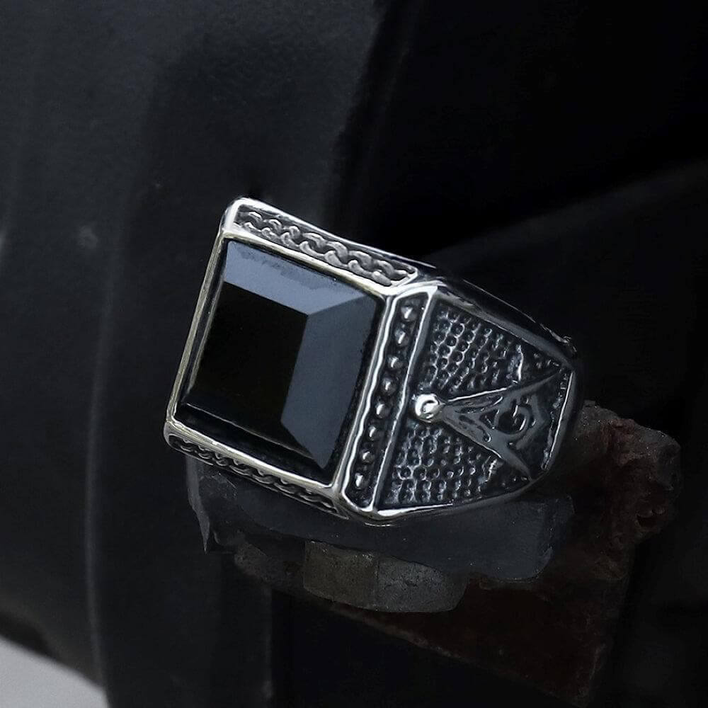 Black Gemstone Masonic Ring in Stainless Steel