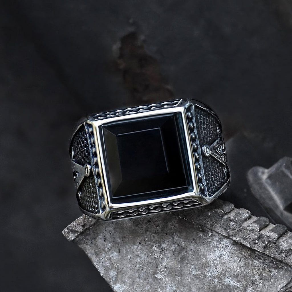 Black Gemstone Masonic Ring in Stainless Steel