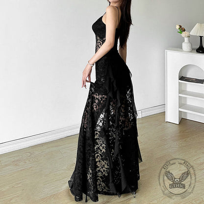 Black Mesh V-Neck Slim High Waist Cut-out Sexy Dress