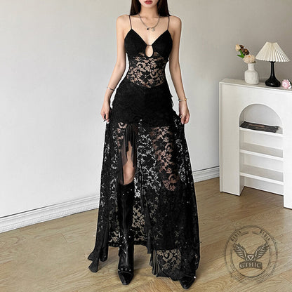 Black Mesh V-Neck Slim High Waist Cut-out Sexy Dress