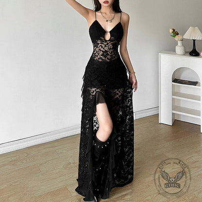 Black Mesh V-Neck Slim High Waist Cut-out Sexy Dress