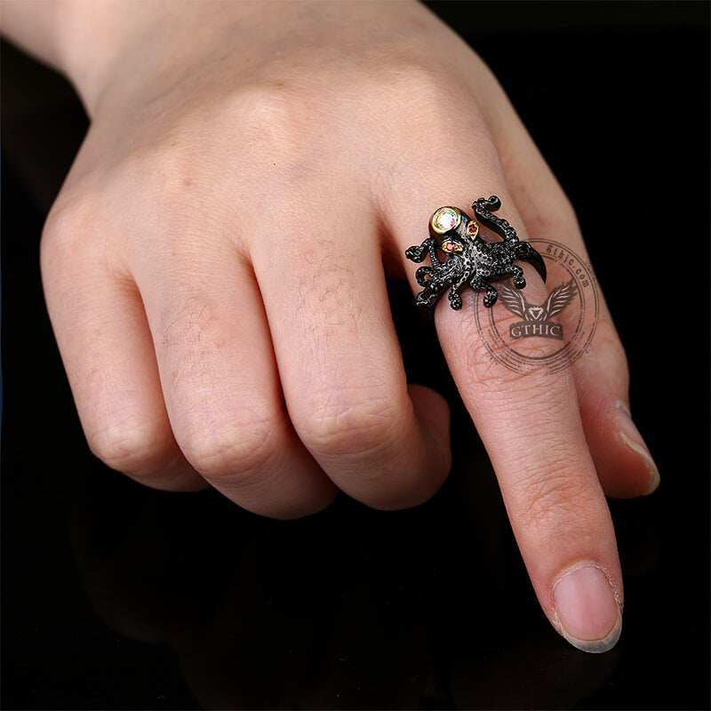 Black Octopus Ring in Brass