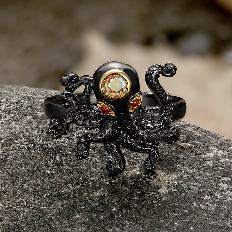 Black Octopus Ring in Brass