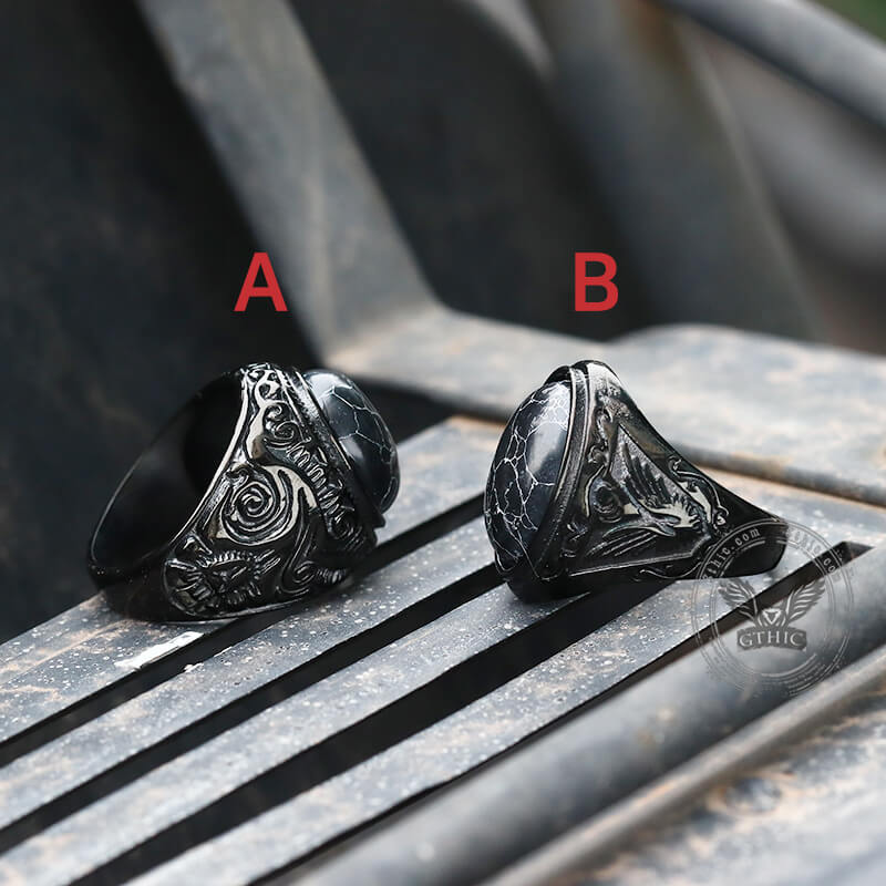Black Turquoise Patterned Ring in Stainless Steel