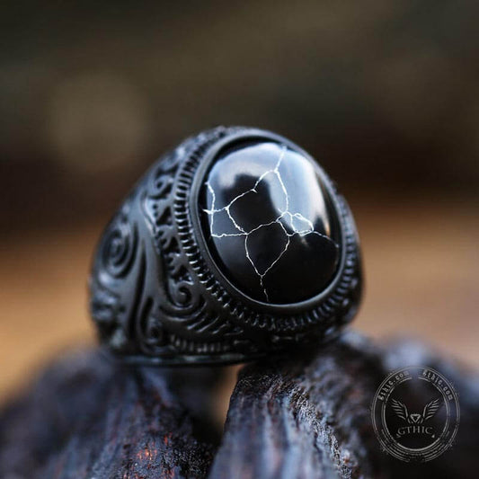Black Turquoise Patterned Ring in Stainless Steel