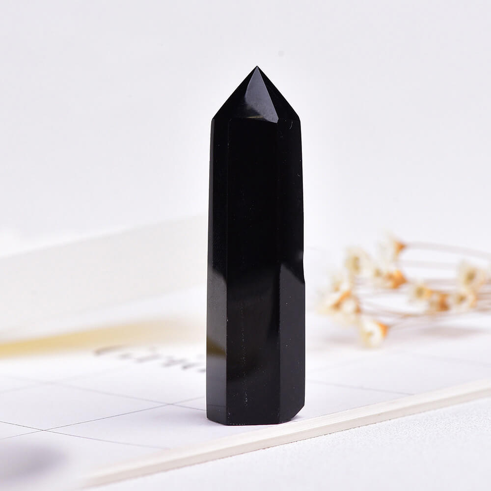 Black Single-Pointed Hexagonal Prism Figurine Crystal Tower