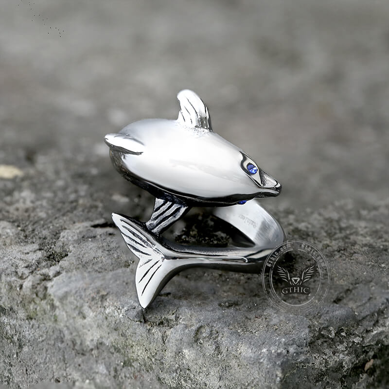 Blue Eyes Dolphin Animal Ring in Stainless Steel