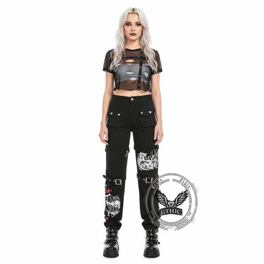 Buckle Strap Printed Cotton Cargo Pants