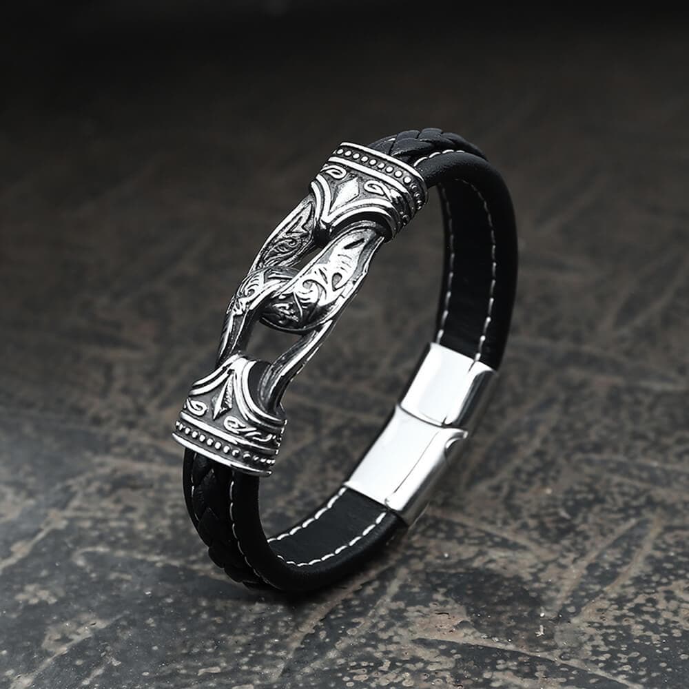 Carved Viking Stainless Steel Leather Bracelet