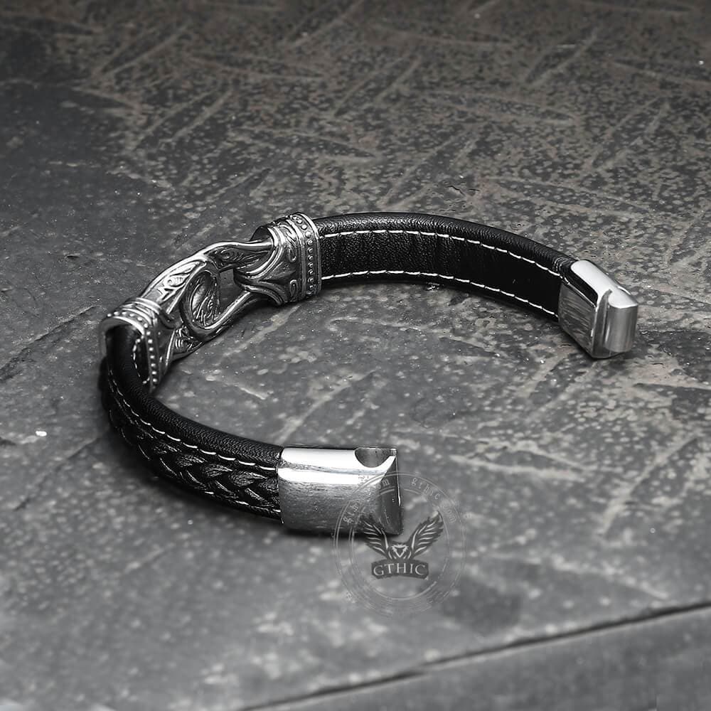 Carved Viking Stainless Steel Leather Bracelet