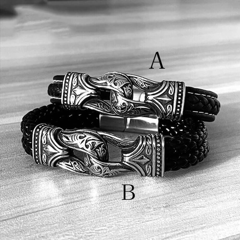 Carved Viking Stainless Steel Leather Bracelet
