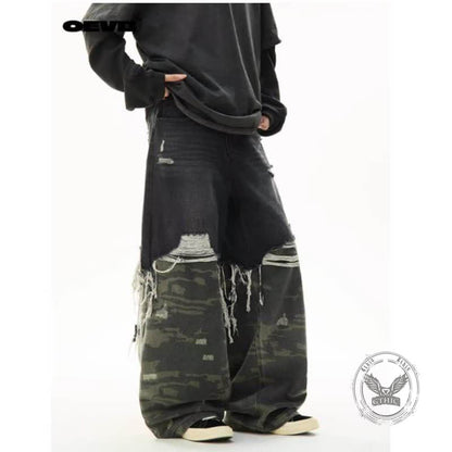 Casual Double-Layered Camouflage Ripped Wide-Leg Baggy Jeans
