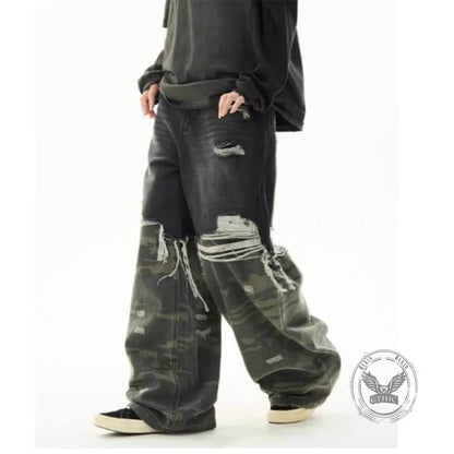 Casual Double-Layered Camouflage Ripped Wide-Leg Baggy Jeans