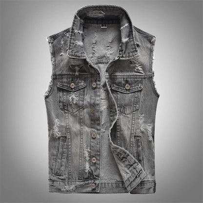 Casual Grey Distressed Denim Biker Vest