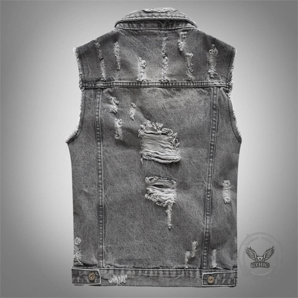 Casual Grey Distressed Denim Biker Vest