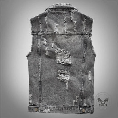 Casual Grey Distressed Denim Biker Vest