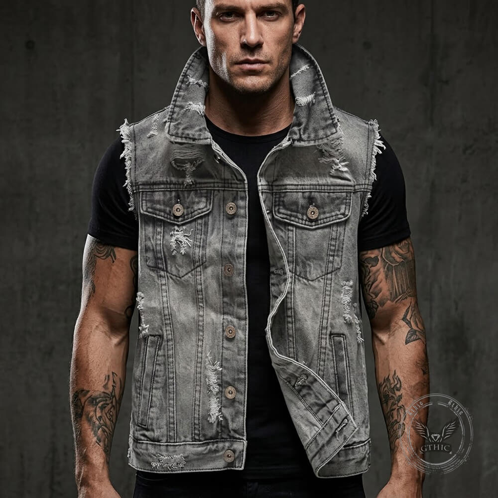 Casual Grey Distressed Denim Biker Vest