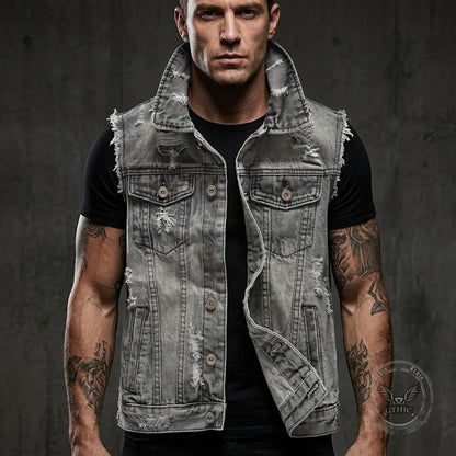 Casual Grey Distressed Denim Biker Vest