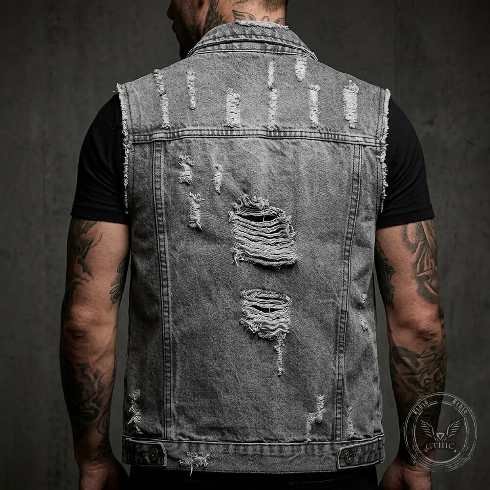 Casual Grey Distressed Denim Biker Vest