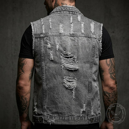 Casual Grey Distressed Denim Biker Vest