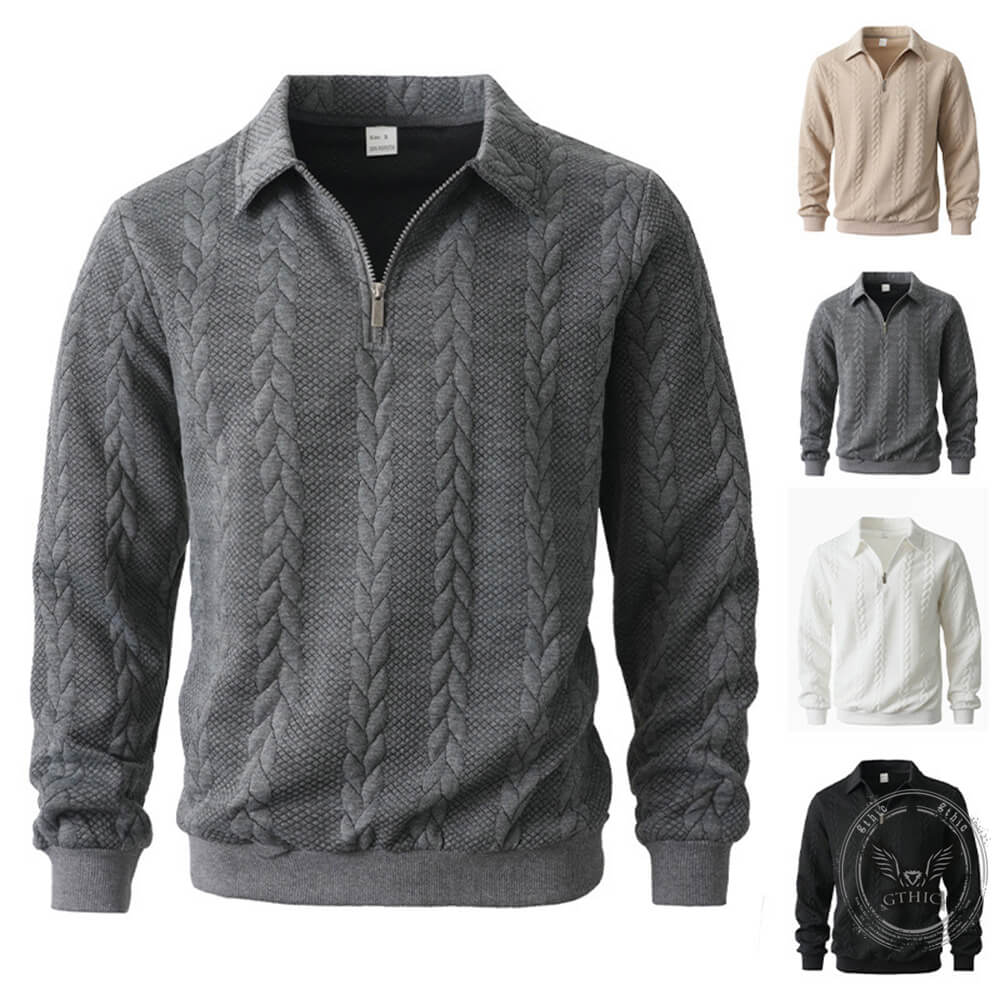 Casual Jacquard Half-Open Zipper Knit Lapel Collar Sweatshit