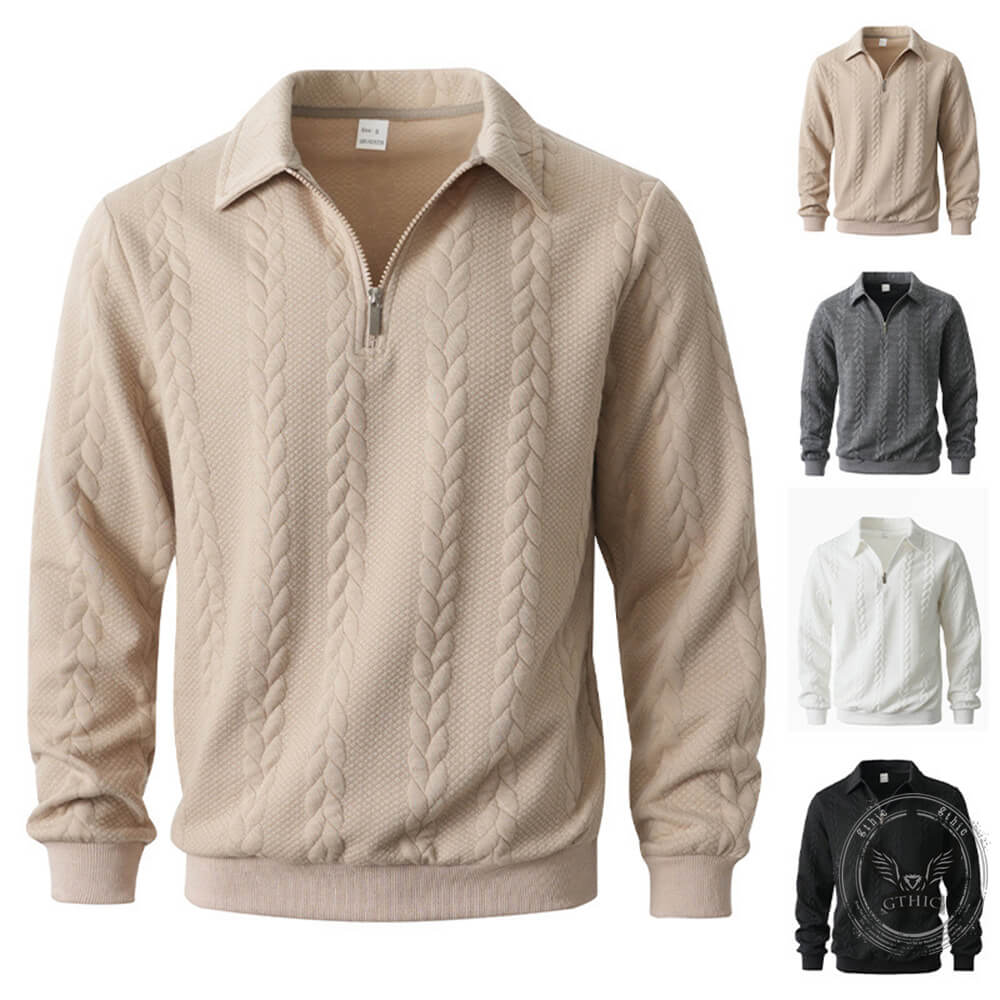 Casual Jacquard Half-Open Zipper Knit Lapel Collar Sweatshit