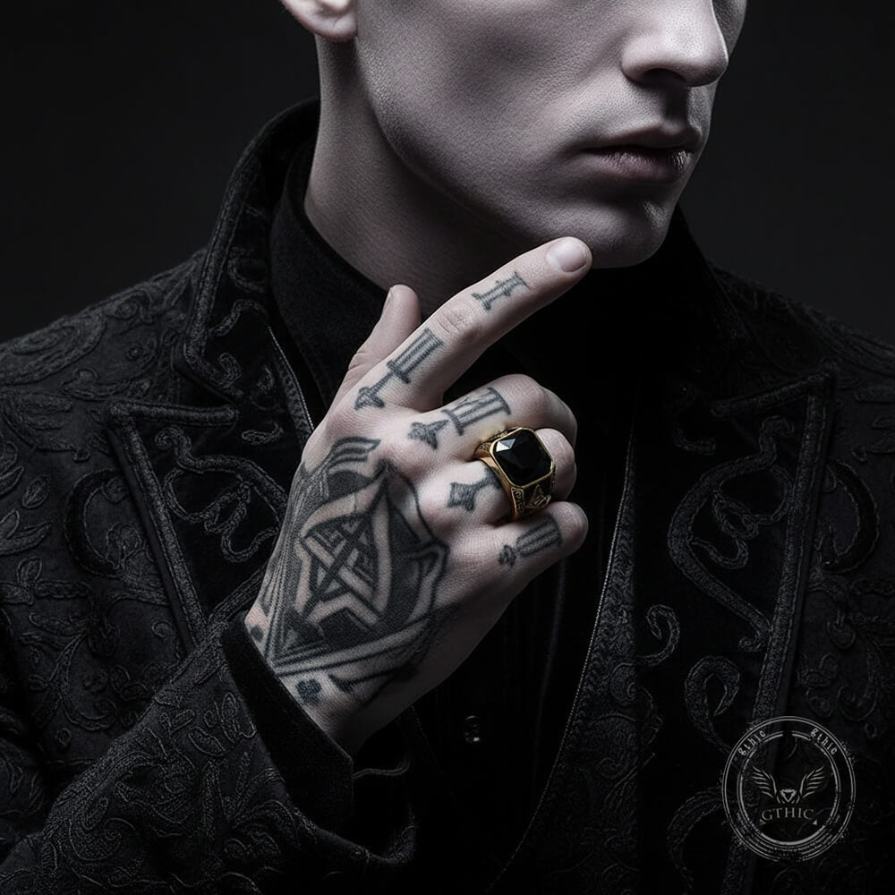 Classic Masonic Black Gem Ring in Stainless Steel