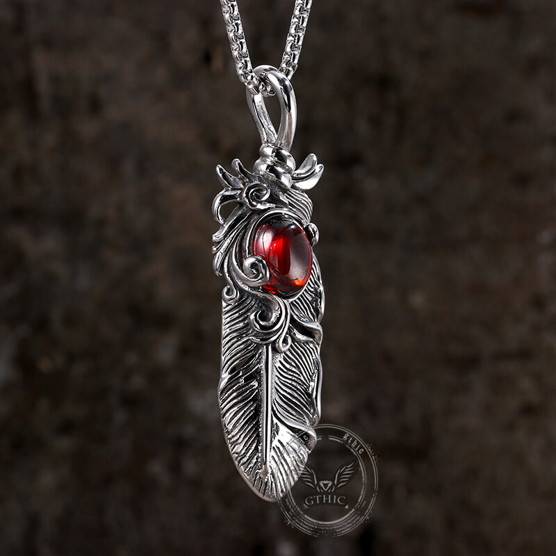Creative Ruby Feather Pendant Necklace in Stainless Steel