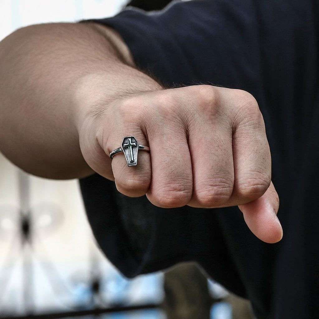 Cross And Coffin Ring in Stainless Steel