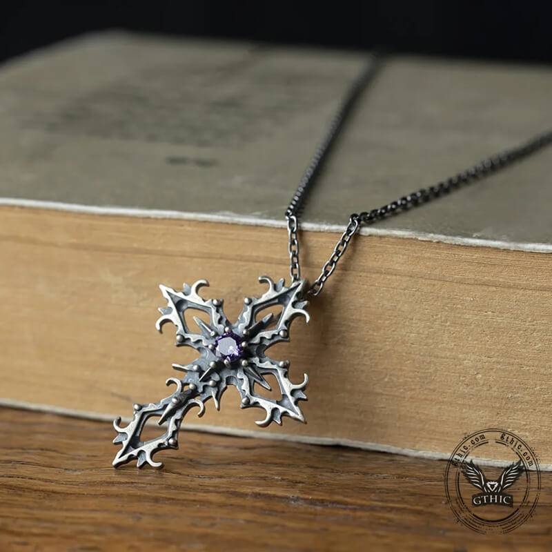 Cross Purple Zircon Gothic Pendant in Sterling Silver