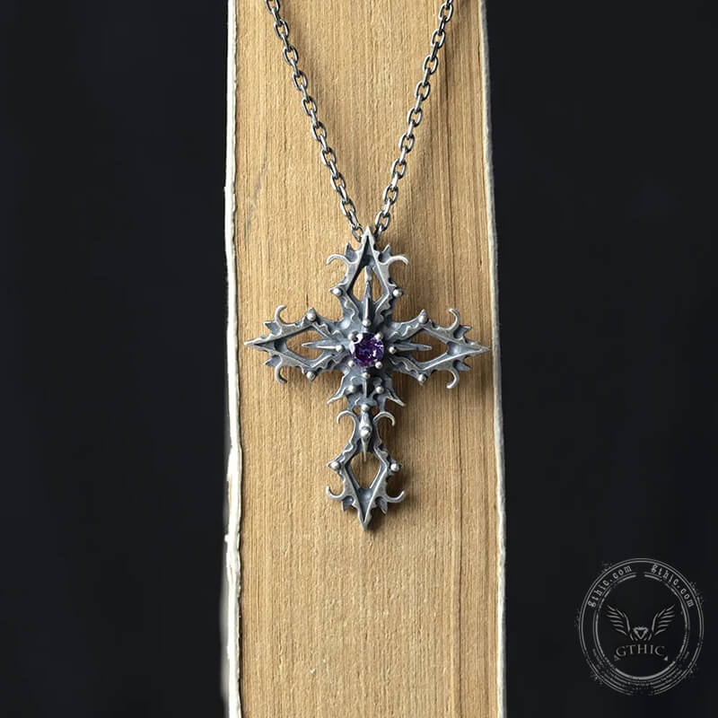 Cross Purple Zircon Gothic Pendant in Sterling Silver