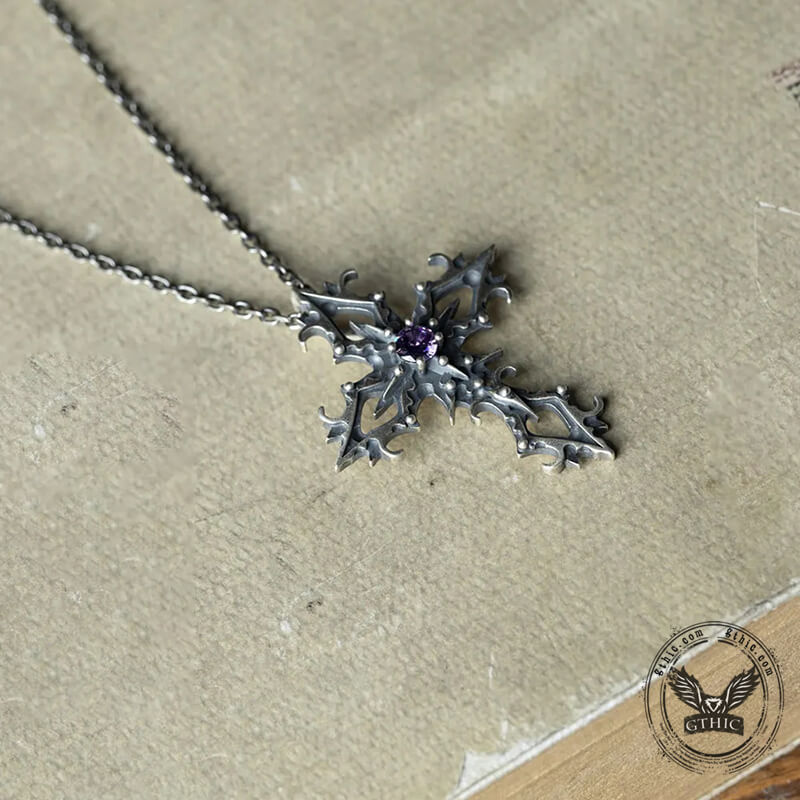 Cross Purple Zircon Gothic Pendant in Sterling Silver
