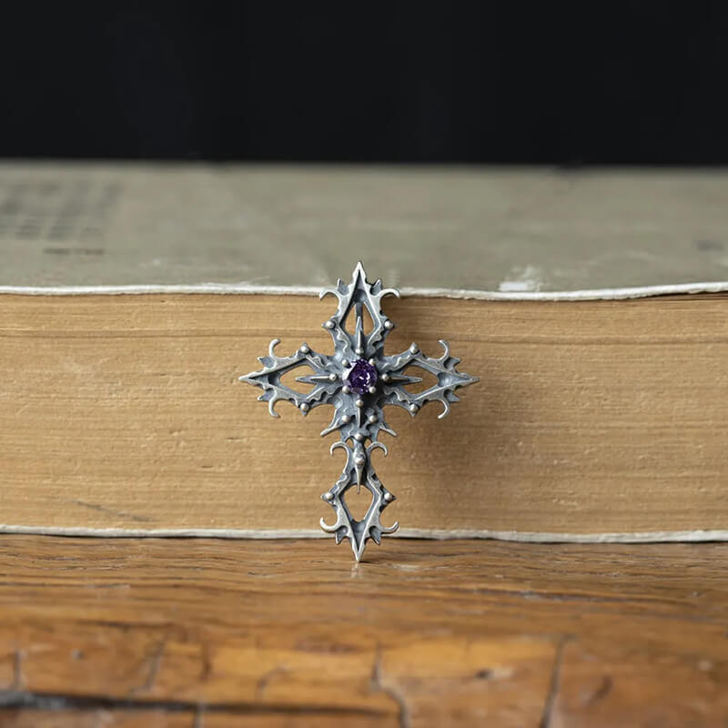 Cross Purple Zircon Gothic Pendant in Sterling Silver
