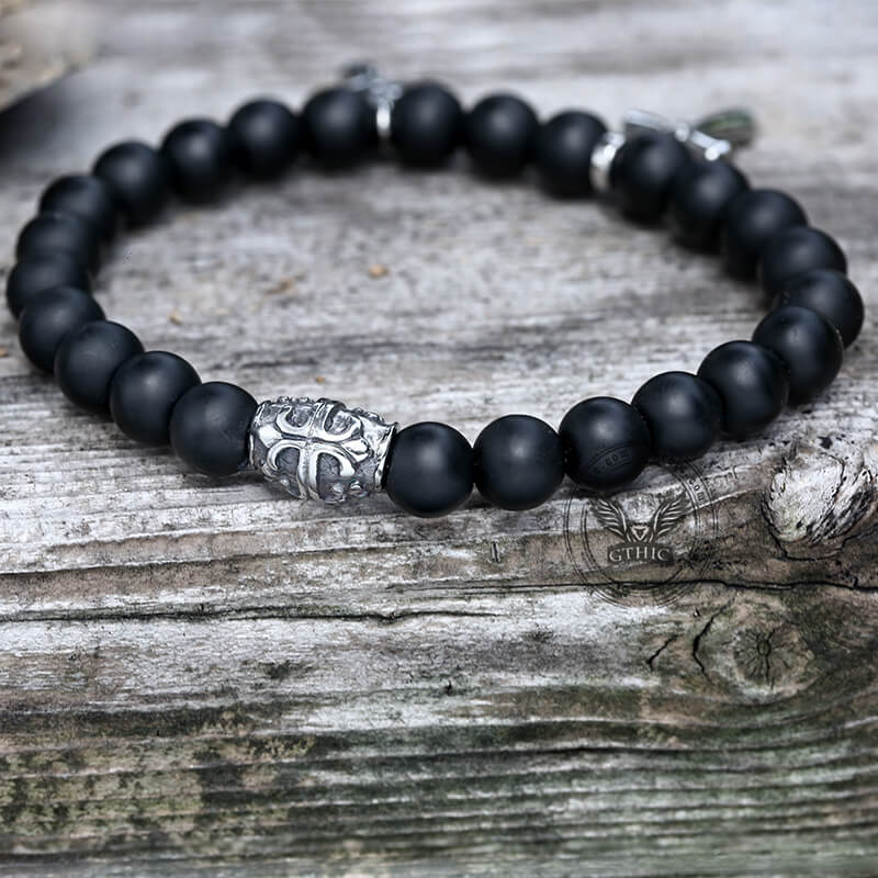 Cross Religious Agate Stone Bead Bracelet