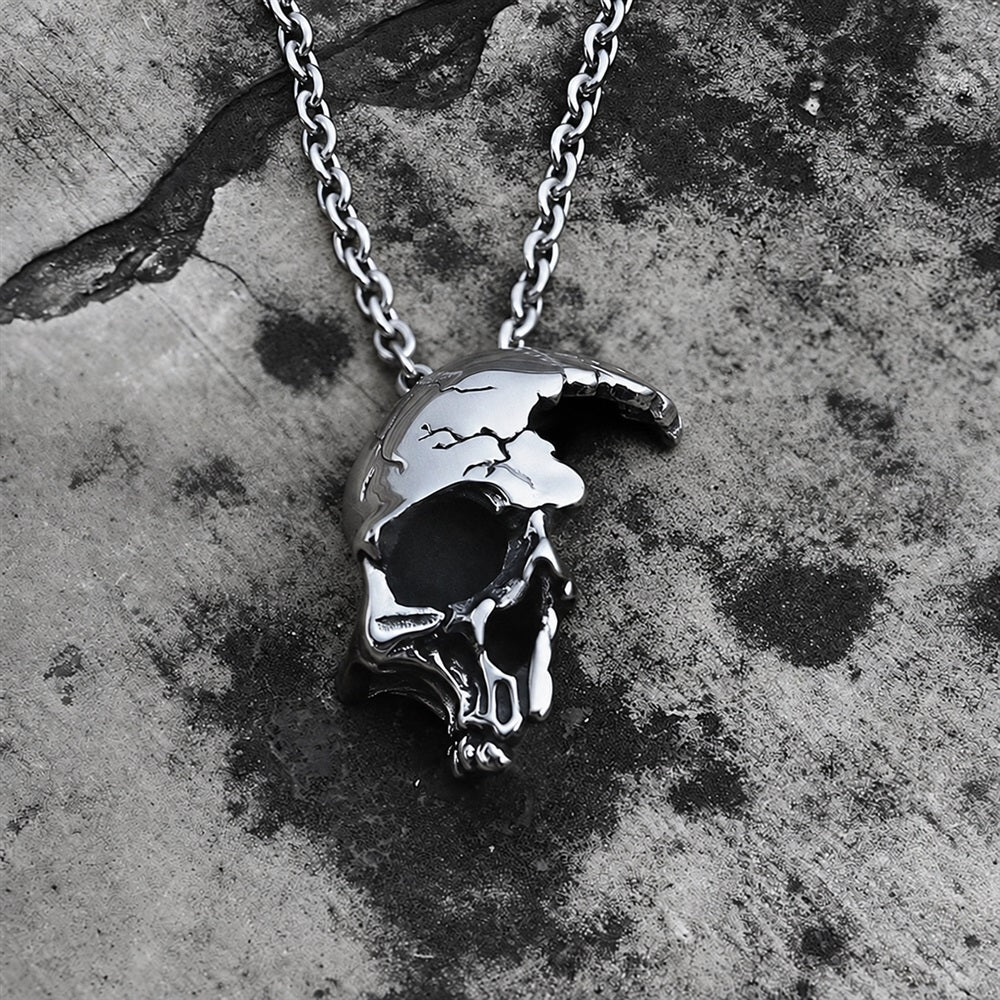 Damaged Half Face Skull Necklace