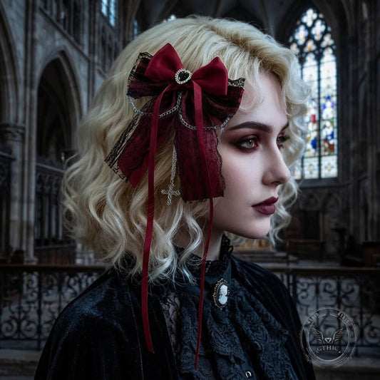 Dark Gothic Cross Chain Lace Bow Hair Clips