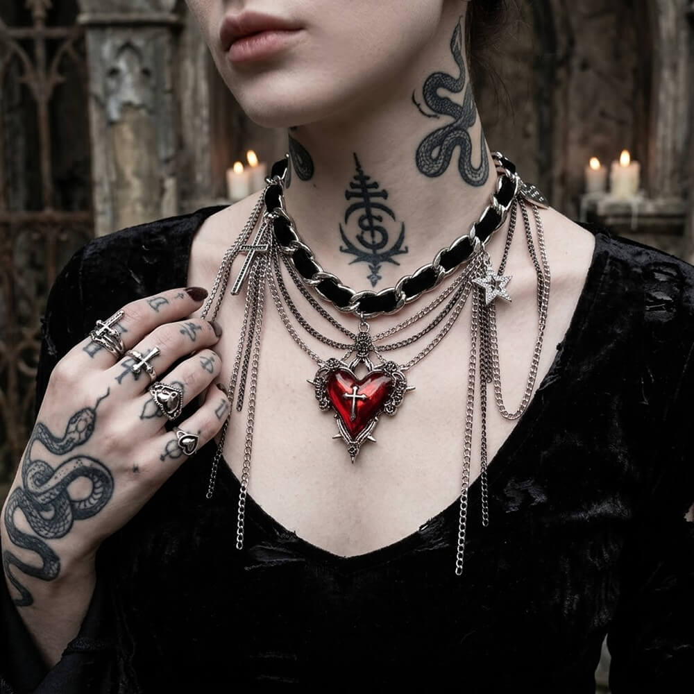 Dark Gothic Cross Heart Tassel Alloy Choker Necklace