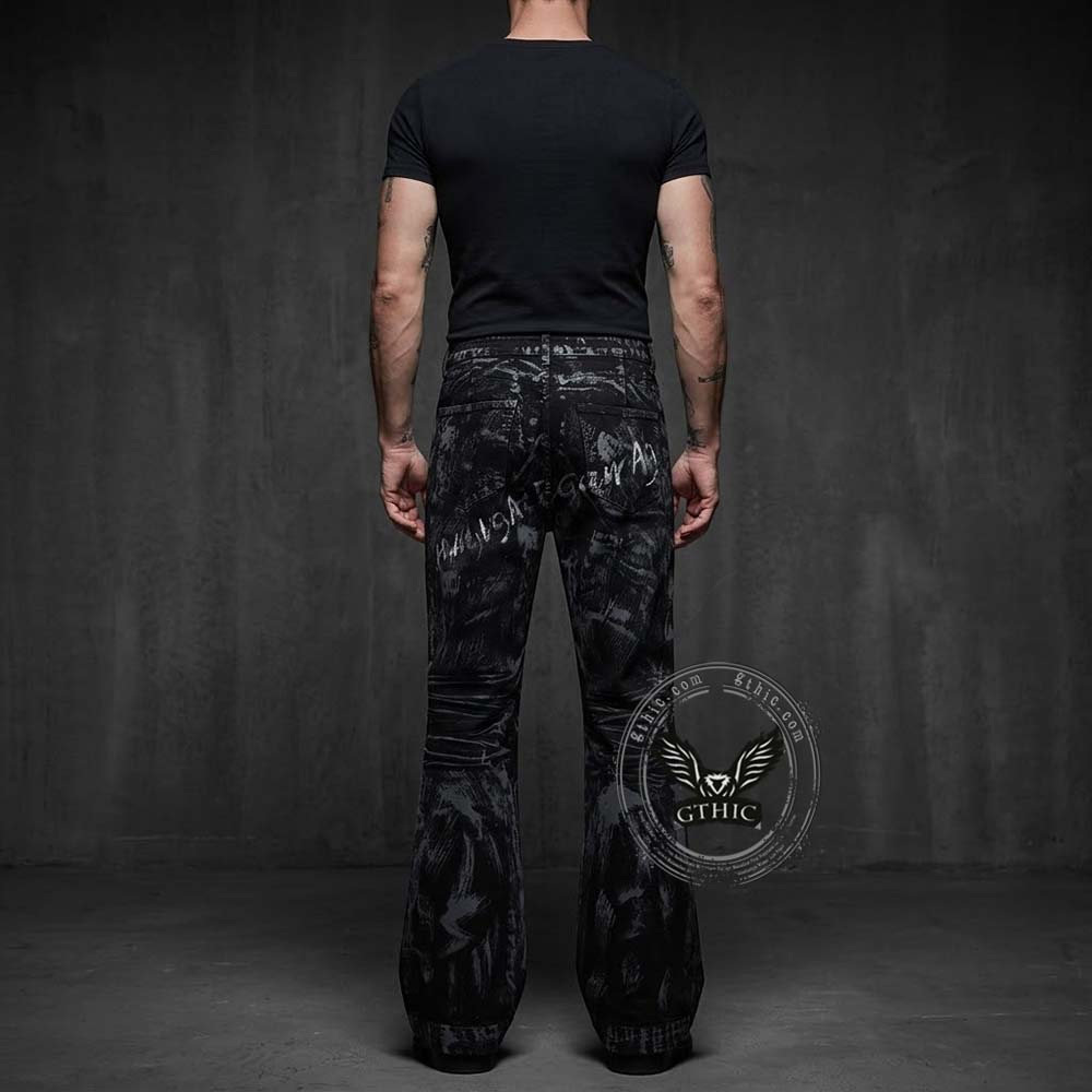 Dark High-Street Graffiti Pattern Flared Jeans