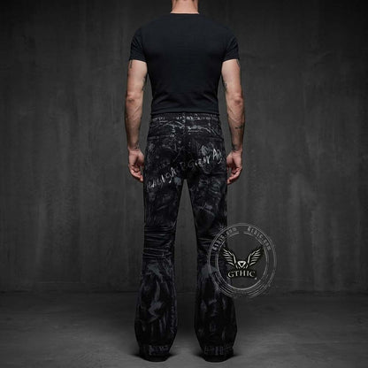 Dark High-Street Graffiti Pattern Flared Jeans