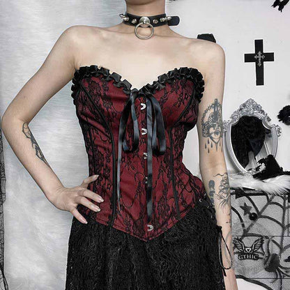 Dark Style Slim Lace V-Neck Lace-Up Tube Top