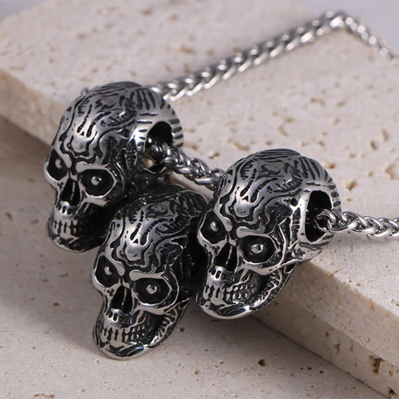 Dark Three Skull Head Gothic Necklace in Stainless Steel