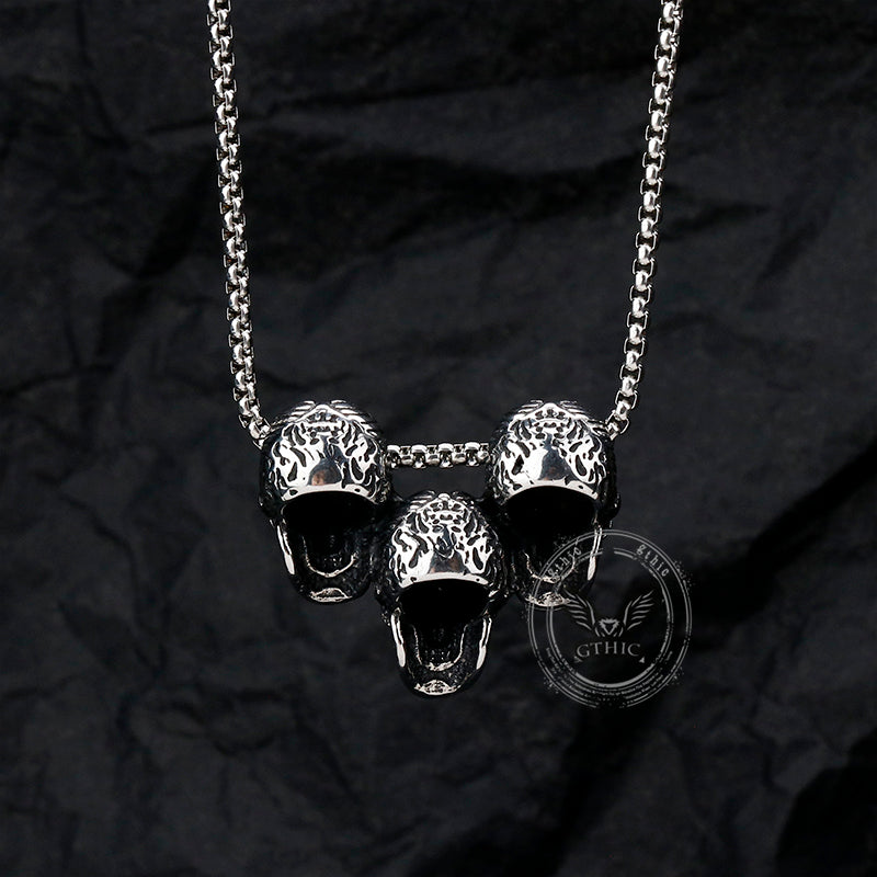 Dark Three Skull Head Gothic Necklace in Stainless Steel