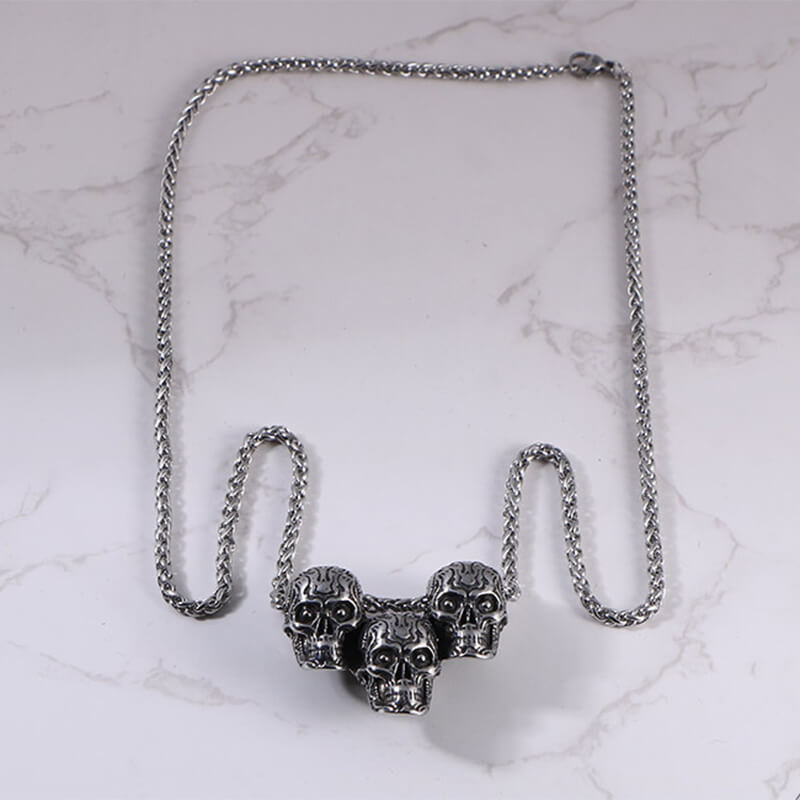 Dark Three Skull Head Gothic Necklace in Stainless Steel
