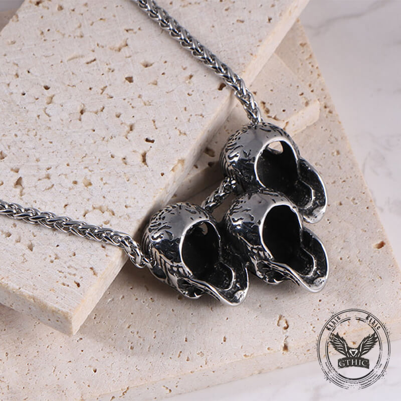 Dark Three Skull Head Gothic Necklace in Stainless Steel