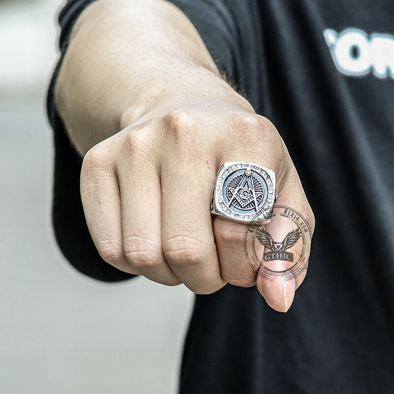 Diamond Masonic Symbol Ring in Stainless Steel